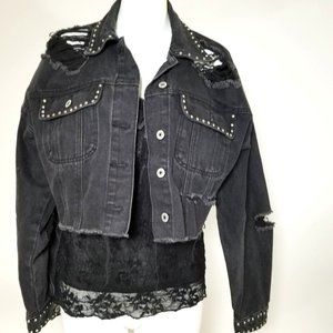 Forever 21 Jean Denim Jacket Coat S Black Distressed Stud Bling Gothic Punk Alt